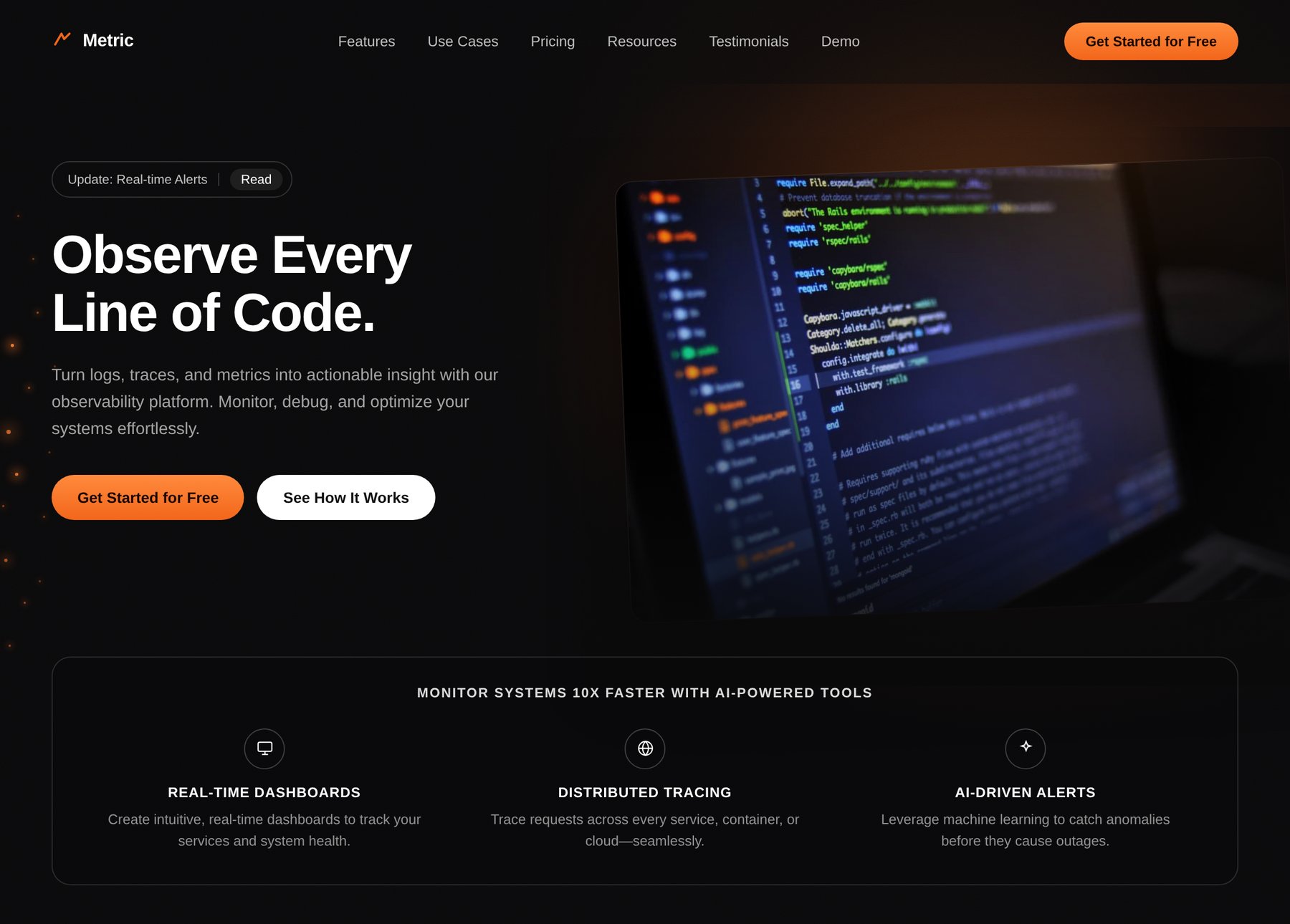 NOVA SaaS website concept — dark observability platform homepage